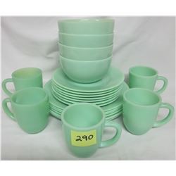 23 piece Jadite green dish set. 14 plates, 4 bowls, 5 mugs.