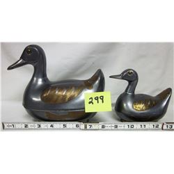 2 Pewter duck, brass inlay candy dish, trinket box.