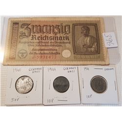 WW2 German banknote and coins
