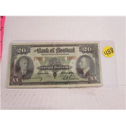 1938 Bank Of Montreal $20 Bill Serial # 17662
