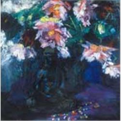 János Vaszary (1867-1939): Flower still-life with Buddha-sculpture, from the 1920s