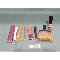 3 ANTIQUE STRAIGHT RAZORS, 2 BRUSHES