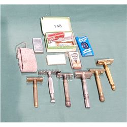 12 PCS VINTAGE SHAVING RAZORS, BLADES, STROP ETC