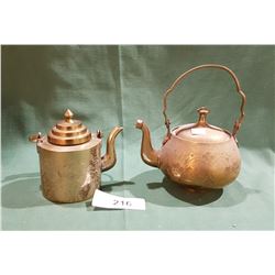 2 SMALL ASIAN MOTIF FLOWERED BRASS TEA POTS