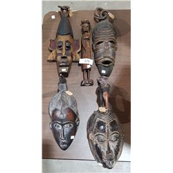 5 AFRICAN MASKS & CARVED WOODEN FIGURE