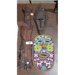 3 AFRICAN MASKS & WOOD WALL PLAQUE