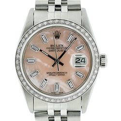 Mens Rolex Stainless Steel Pink MOP Baguette Diamond Datejust Wristwatch