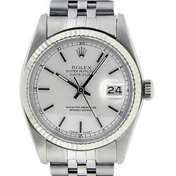 Rolex Mens Stainless Steel Silver Index And White Gold Fluted Bezel Datejust Wri