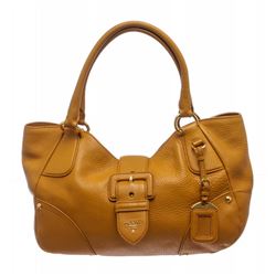 Prada Mustard Yellow Pebbled Leather Double Handle Shoulder Bag