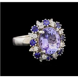 14KT White Gold 4.75 ctw Tanzanite, Sapphire and Diamond Ring