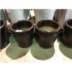 PAIR OF GARDENSTONE EMBELLISHED BROWN SHORT CIRCULAR CEMENT FLOWER POTS