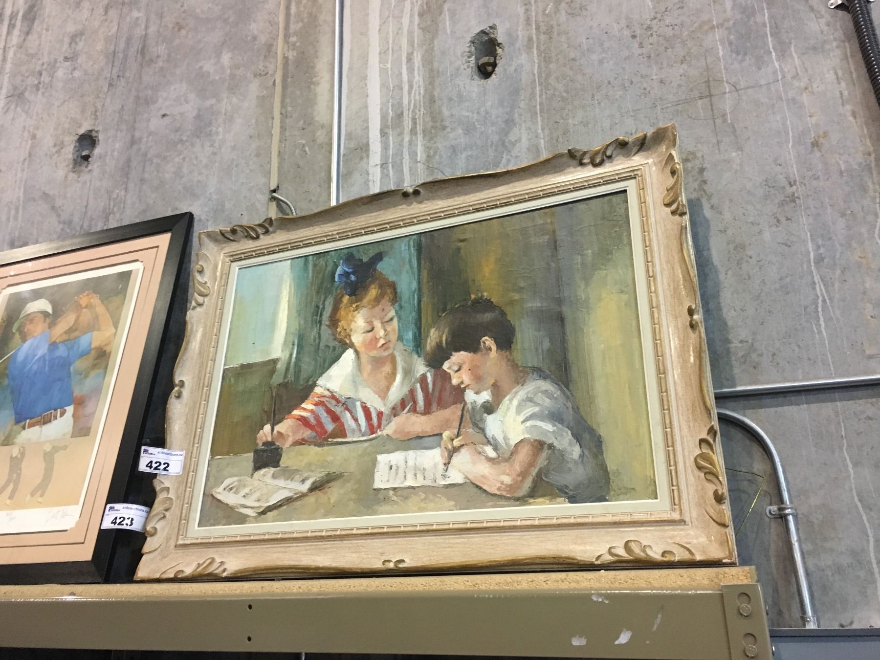 Framed Oil Painting Teacher And Student Writing