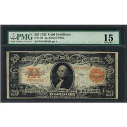 1922 $20 Gold Certificate Note Fr.1187 PMG Choice Fine 15