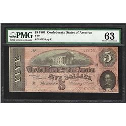 1864 $5 Confederate States of America Note T-69 PMG Choice Uncirculated 63