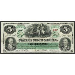 1872 $5 State of South Carolina Obsolete Bank Note