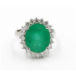 14KT White Gold Certified 6.91 ctw Natural Oval Cut Emerald and Diamond Engageme