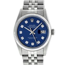 Rolex Mens 36mm Stainless Steel Blue Diamond Datejust Wristwatch