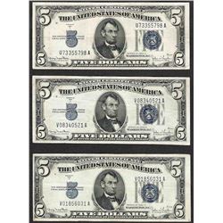 Lot of (3) 1934D $5 Silver Certificate Notes