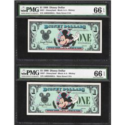 Lot of (2) Consecutive 1988 $1 Disney Dollars Notes PMG Gem Uncirculated 66EPQ