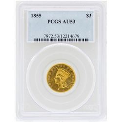 1855 $3 Indian Princess Head Gold Coin PCGS AU53