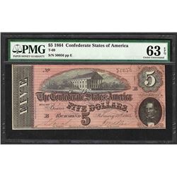 1864 $5 Confederate States of America Note T-69 PMG Choice Uncirculated 63EPQ