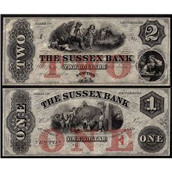 Set of 1800's $1 & $2 The Sussex Bank Obsolete Notes