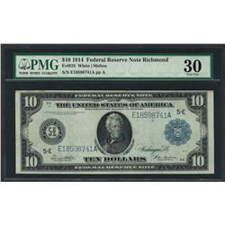 1914 $10 Federal Reserve Note Richmond Fr.923 PMG Very Fine 30