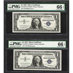 Lot of (2) Consecutive 1957 $1 Silver Certificate Notes PMG Gem Uncirculated 66E