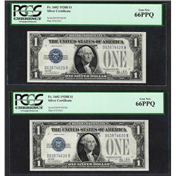 Lot of (2) Consecutive 1928B $1 Funnyback Silver Certificate Notes PCGS Gem New
