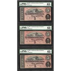 (3) Consec. 1864 $5 Confederate States of America Notes PMG Choice Uncirculated