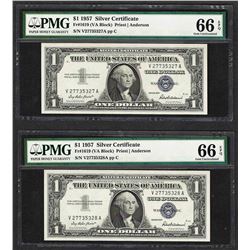 Lot of (2) Consecutive 1957 $1 Silver Certificate Notes PMG Gem Uncirculated 66E