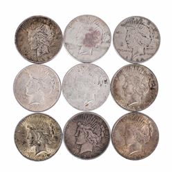 Lot of (9) $1 Peace Silver Dollar Coins