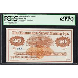 1870's $20 Manhattan Silver Mining Co. Obsolete Note PCGS Gem New 65PPQ