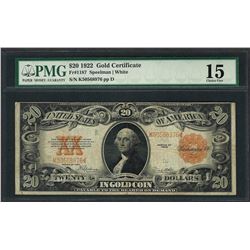 1922 $20 Gold Certificate Note Fr.1187 PMG Choice Fine 15