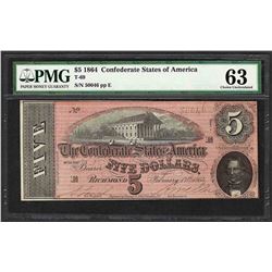 1864 $5 Confederate States of America Note T-69 PMG Choice Uncirculated 63