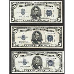 Lot of (3) 1934D $5 Silver Certificate Notes