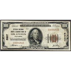 1929 $100 Citizens National Trust & Savings Bank of Los Angeles Note CH# 5927
