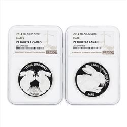 Set of (2) 2014 Belarus 20 Rubles Hares Silver Coins NGC PF70 Ultra Cameo