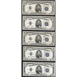Lot of (5) 1934C $5 Silver Certificate Notes