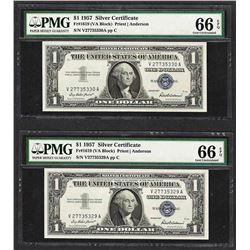Lot of (2) Consecutive 1957 $1 Silver Certificate Notes PMG Gem Uncirculated 66E