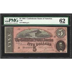1864 $5 Confederate States of America Note T-69 PMG Uncirculated 62