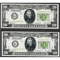 Lot of (2) Consecutive 1928B $20 Federal Reserve Notes Light Green Seal