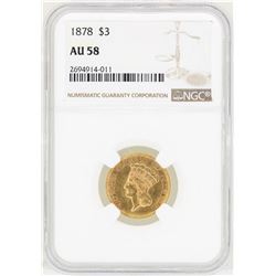 1878 $3 Indian Princess Head Gold Coin NGC AU58