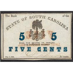 1863 Five Cents State of South Carolina Obsolete Note