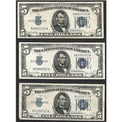 Lot of (3) 1934D $5 Silver Certificate Notes