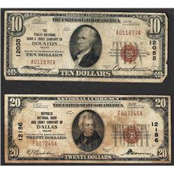 1929 $10 Houston CH#12055 & $20 Dallas CH# 12186 National Currency Notes