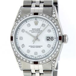 Rolex Mens Stainless Steel White Diamond Lugs and Ruby Datejust Wristwatch