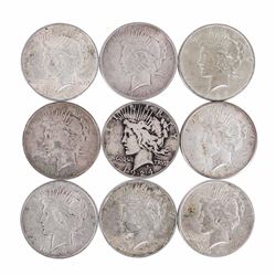 Lot of (9) $1 Peace Silver Dollar Coins