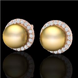 0.50 CTW Micro Pave Halo VS/SI Diamond & Golden Pearl Earrings 14K Rose Gold - REF-53H5A - 21493