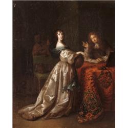 Netscher, Constantin (Hága, 1668 - Hága, 1723) köre - Selyemruhás hölgy felolvasó úrral és szerecsen